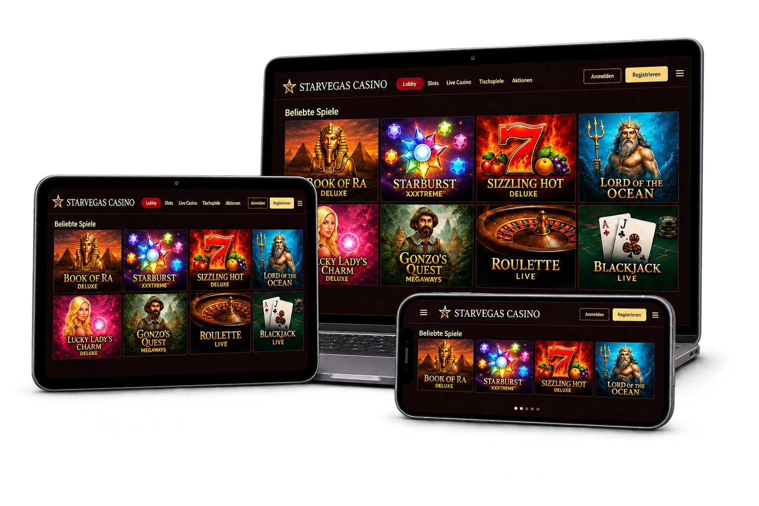StarVegas Casino mit Spieleauswahl auf Laptop, Tablet und Smartphone